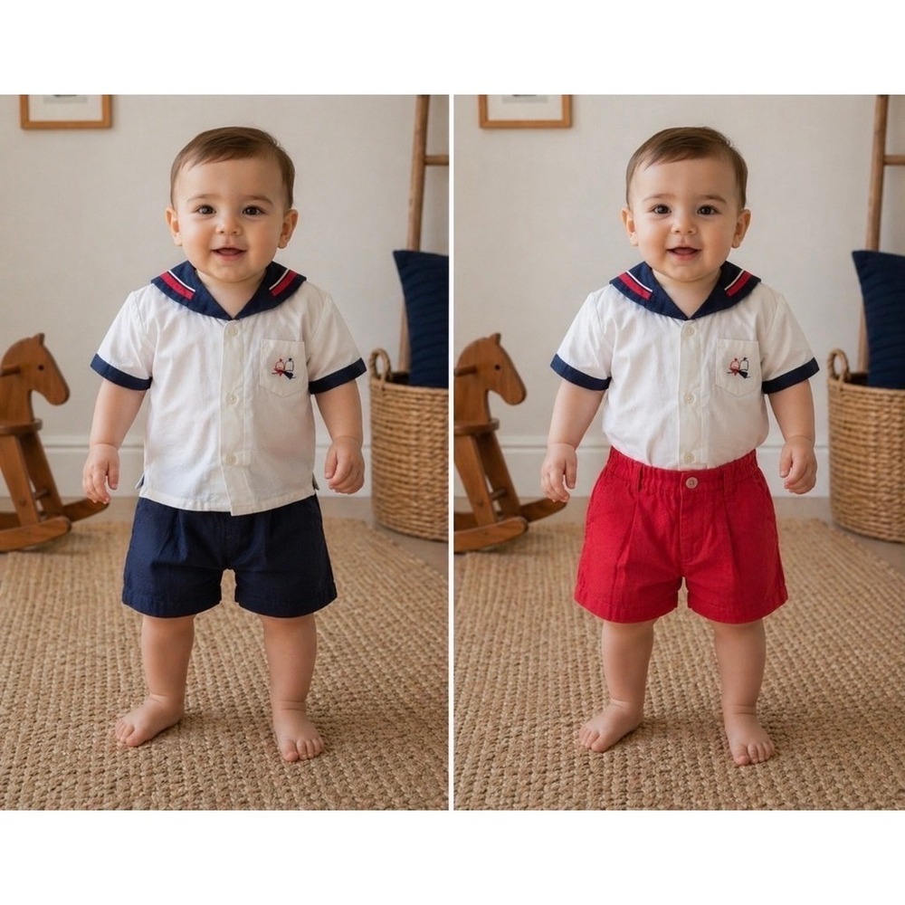 Vintage Petit Ami baby Boys Nautical‎ Sailor Outfit Set Shirt & 2 Shorts 12-18M